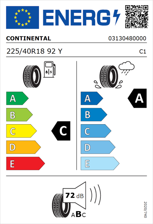Tyre Label for Continental Premium Contact 7 225/40R18 92Y