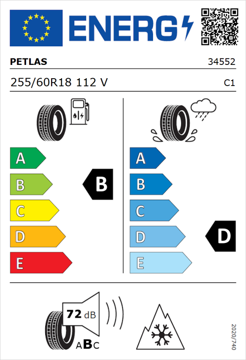 Tyre Label for Petlas Explero PT411 A/S 255/60R18 112V