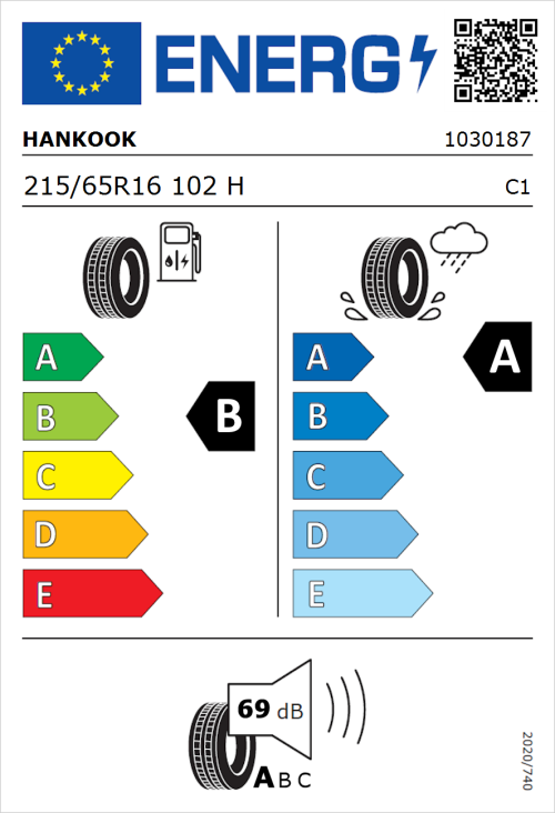 Tyre Label for Hankook Ventus Prime 4 (K135a) SUV 215/65R16 102H