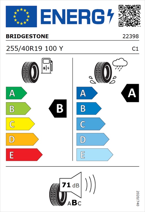 Tyre Label for Bridgestone Turanza 6 255/40R19 100Y