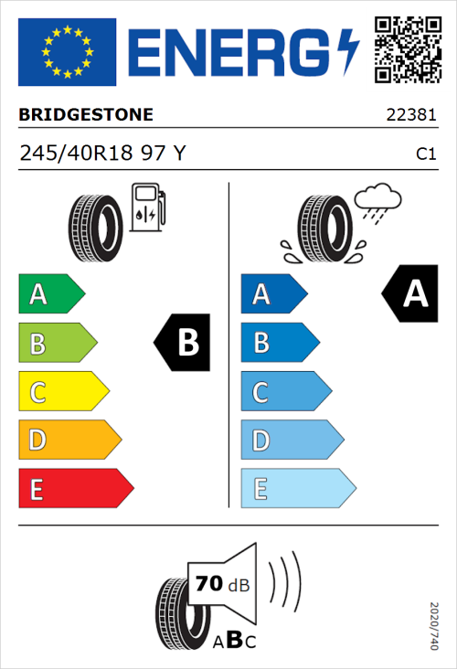 Tyre Label for Bridgestone Turanza 6 245/40R18 97Y
