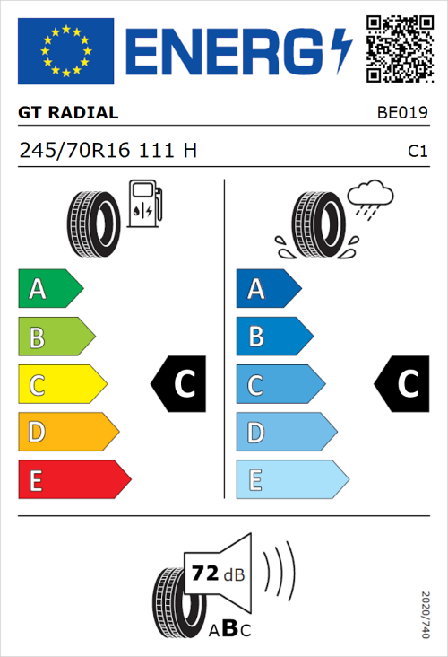 Tyre Label for GT Radial Savero SUV 245/70R16 111H