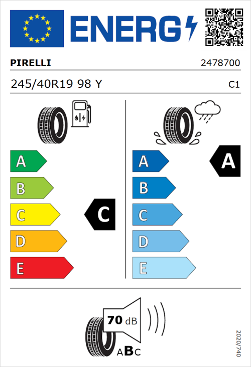 Tyre Label for Pirelli Cinturato P7 245/40R19 98Y